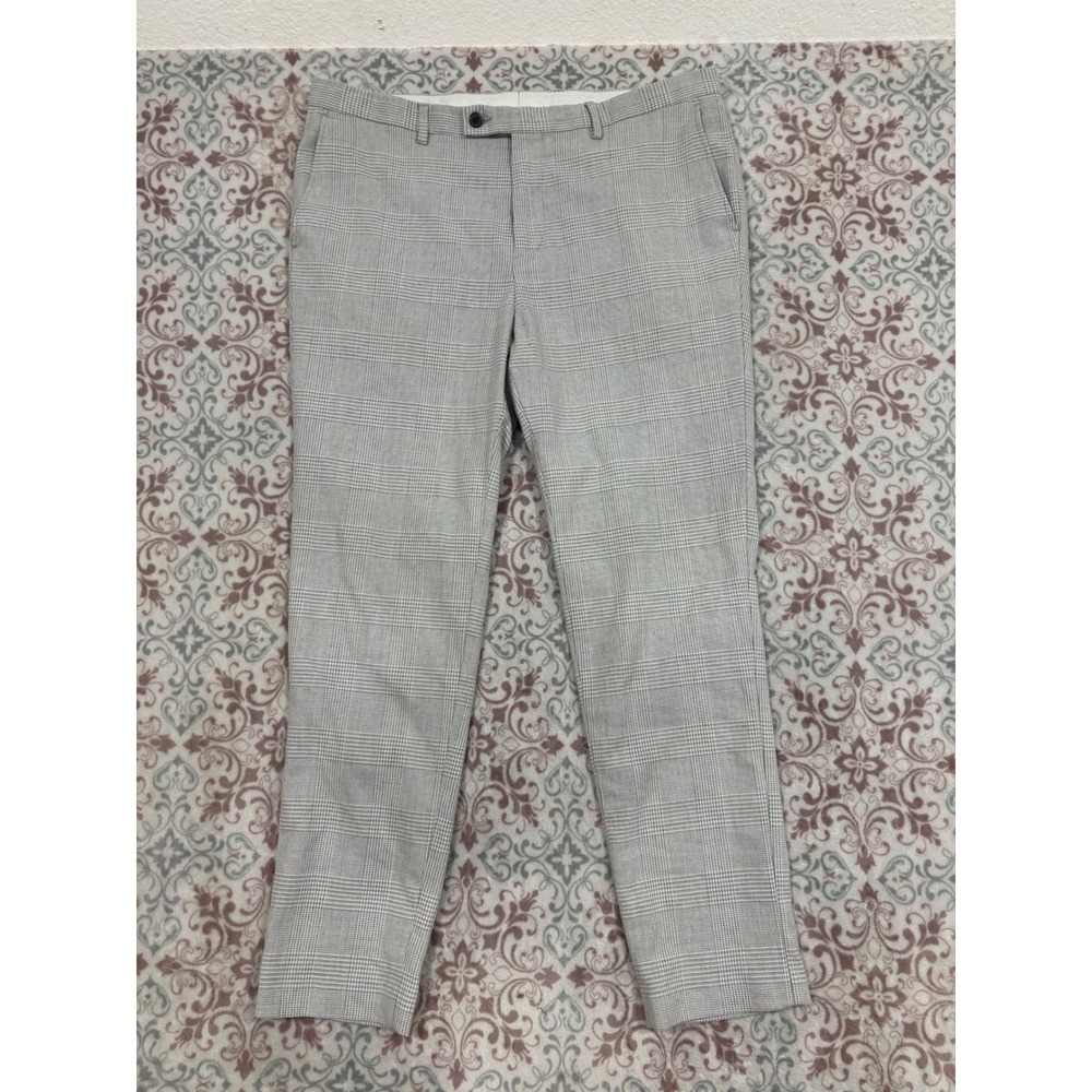 boohooMAN Mens Grey Glen Plaid Slim Fit Dress Pants Trousers 36R Prince of Wales